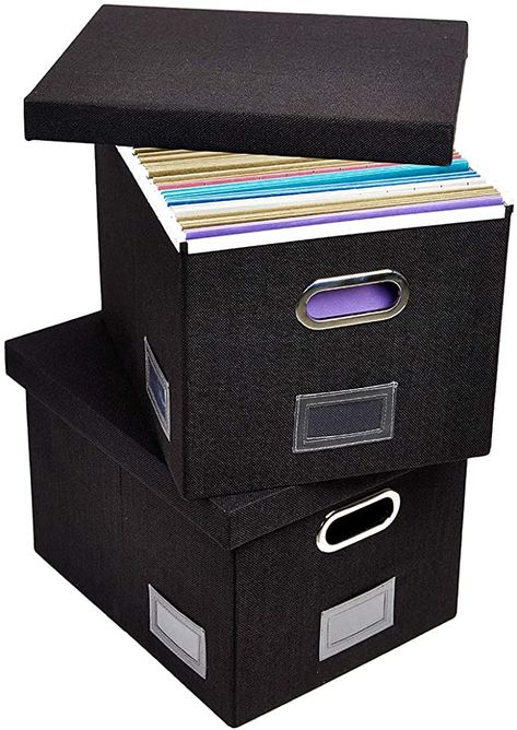 Amazon.com : SUPERJARE File Box for Hanging Files, Set of 2, Storage Office Box with 60 lbs Weight Capacity, Filing Box with Durable MDF Board & Linen Fabric, File Storage Organizer for Letter/Legal - Black : Office Products File Box Organization, Cream Office, Store Vinyl Records, File Boxes, Storage Office, Office Files, File Organiser, Moving Boxes, Black Office