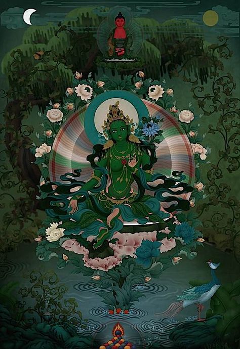 One of the beautiful thangkas that kept showing up on the author's Facebook feed. This is the Green Tara final art that we see Jampay Dorje working on in the feature image. Green Tara Mantra, Green Buddha, Tara Goddess, Tibet Art, Tantra Art, Buddhist Symbols, Buddhist Practices, Thangka Painting, Tibetan Art