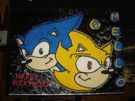 Sonic the Hedgehog cake is a half chocolate and half yellow cake with piped butter cream. And keeping with the birthday boy turning six, I used six cupcakes to spell his name and number 6 on the cupcakes. Bday Cake For Boys, Character Birthday Cakes, Sonic Cakes, Sonic The Hedgehog Cake, Hedgehog Party, Sonic Cake, Hedgehog Cake, Sonic Hedgehog, Sonic Party