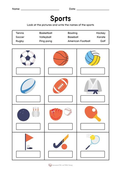 This is a fun sport-themed EFL worksheet. Students look at the pictures and write the names of the sports. Sports Worksheets Preschool, Sports Worksheets For Kids, Sports Activities For Preschool, Sports For Kids, Match Worksheet, Sport English, Sports Activities For Kids, Materi Bahasa Inggris, Kids Worksheet