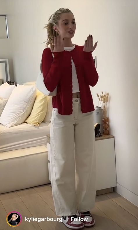 Outfit With Red Cardigan, Red Cardigan Outfit Fall, Korea Style Outfits, Japan Outfit Ideas Spring, Red Accent Outfit, Ivory Pants Outfit, Aliexpress Outfits, Cute Work Pants, English Teacher Outfit