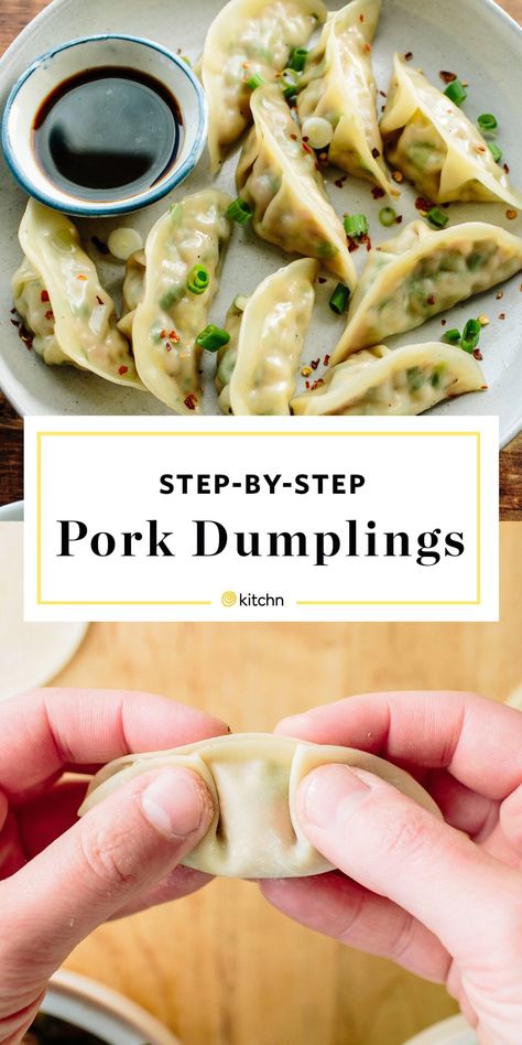 Homemade step by step Chinese pork dumplings from scratch. Pan fried and steamed to perfection. Perfect for dinners and meals if you need ideas for unique suppers. For the dough and the filling: you'll need napa cabbage, kosher salt, ground pork, scallions, cilantro, soy sauce, fresh ginger, sesame oil, eggs and dumpling, wonton, or gyoza wrappers. Gyoza Wrappers, Pork Dumplings, Chicken Spring Rolls, Chinese Pork, Pork Dumpling, Mapo Tofu, Chinese Dumplings, Dumplings Recipe, Napa Cabbage