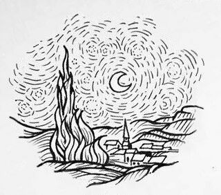 Starry Night Line Drawing, Starry Night Tattoo Design, Starry Night Van Gogh Sketch, Van Gogh Starry Night Drawing, Van Gogh Line Art Tattoo, Line Art Van Gogh, Van Gogh Line Drawing, A Starry Night Tattoo, Tattoo Ideas Van Gogh