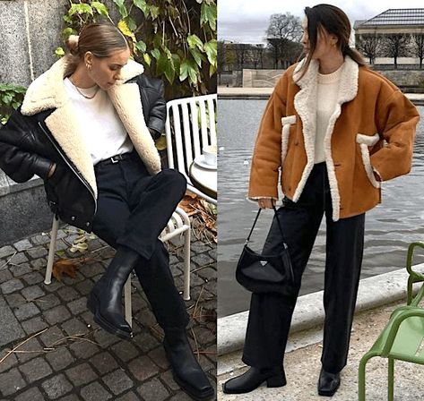 how to wear the shearling jacket influencer outfit ideas Sandro Shearling Jacket, Fur Leather Coat Outfit, Suede Shearling Jacket, Sheepskin Jacket Women, Brown Shearling Coat Outfit, Shearing Jacket Outfit, Black Shearling Coat Outfit, Tan Shearling Jacket Outfit, Fur Moto Jacket Outfit