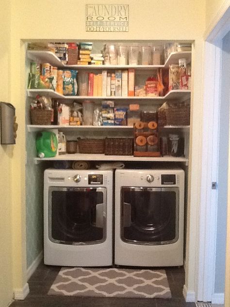 Pantry Above Washer And Dryer, Laundry Closet And Pantry, Pantry Laundry Closet Combo, Dining Laundry Combo, Pantry Laundry Room Combo Small Spaces Stacked, 90s Laundry Room, Washroom Pantry Combo, Laundry Room Turned Into Pantry, Laundry Room Pantry Combo Diy