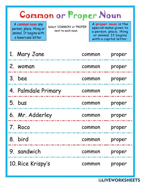 Common Vs Proper Nouns, Proper Nouns Activity, Common Nouns Worksheet, Nouns And Verbs Worksheets, Common Noun, Grammar Work, Proper Nouns Worksheet, Nouns Activities, Common And Proper Nouns