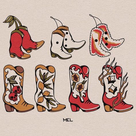 Traditional Tattoo Cowboy Boots, Wild West Tattoo Traditional, American Traditional Western Flash, Cowboy Themed Tattoo, Cowboy Boot Tattoo Traditional, Cowgirl Flash Tattoo, Western Flash Sheet, Old School Western Tattoo, Cowboy Flash Tattoo