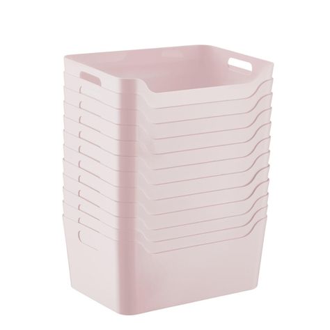 Case of 12 of Smoke Soft Pink Storage Bins with Handles | The Container Store Pink Storage Bins, Large Plastic Storage Bins, Pink Storage, Pantry Organizers, Decorative Storage Boxes, Cute Bedroom Decor, The Container Store, Custom Closet, Plastic Storage Bins