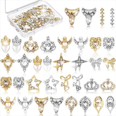 36 Pcs 3D Nail Charms Heart Nail Art Rhinestones Gold Silver Nail Jewelry Pearl Crystal Diamonds Rhinestones Gems for Beauty Manicure Nails Jewelry Making (Crown Style) Rosary Nails, Crown Nails, 3d Nail Charms, Nails Jewelry, Heart Nail, Heart Nail Art, Silver Nail, Studded Nails, Manicure Nails