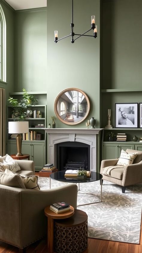 Sage Green in Living Room White Green Black Living Room, Earthy Colour Palette Living Room, Sage Ceiling, Dusty Green Paint, Green In Living Room, All Green Room, Moss Green Living Room, Layered Area Rugs, Sage Green And Grey Living Room