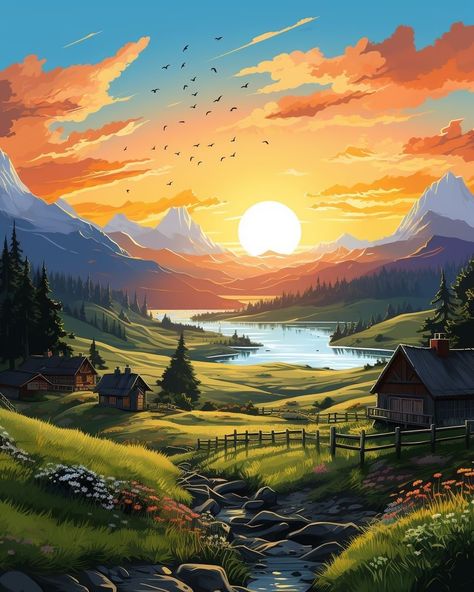 Sunrise Mountain Painting, Mountain Sunrise Painting, Sunrise Art Painting, Sunrise Drawing, Beautiful Paintings Of Nature, Kinkade Paintings, Sunrise Artwork, Sunrise Art, Dreamy Artwork