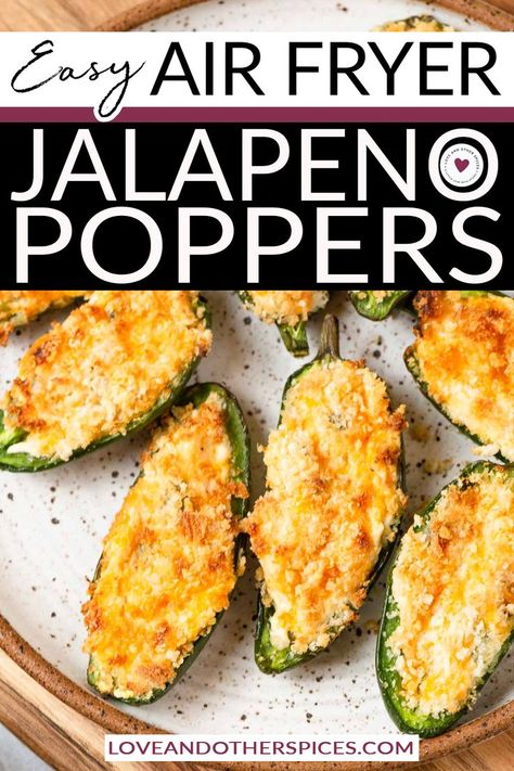 Air Fryer Jalapeno Poppers is an easy and delicious snack recipe you can make anytime in your air fryer. With a creamy stuffing and crispy coating it's sure to be a favorite. What I love about my air fryer is I'm minutes away from making my favorite snacks when the munchies hit me. Jalapeno poppers is one of my favorites and I'm so excited to bring you this recipe made in the air fryer. | @loveandotherspices Air Fryer Jalapeno Poppers, Fried Jalapeno Poppers, Air Fryer Jalapeno, Cream Cheese Jalapeno Poppers, Jalapeno Poppers Recipe, Fried Jalapenos, Jalapeno Popper Recipes, Party Snacks Easy, Jalapeño Poppers