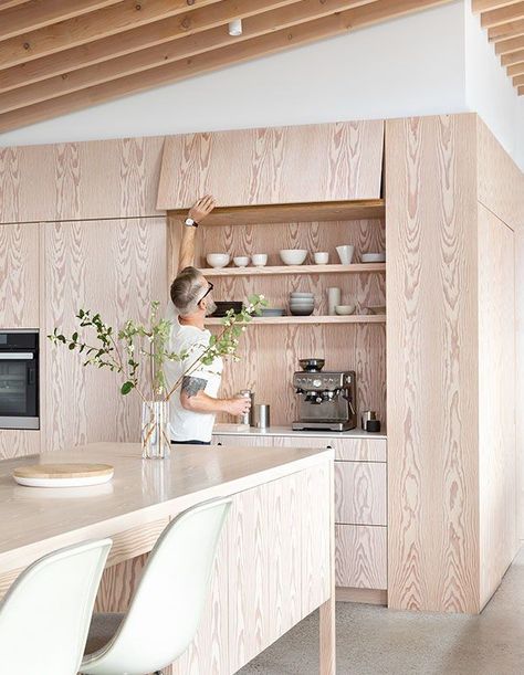 Douglas Fir Kitchen Cabinets, Douglas Fir Cabinets, Rock Interior Design, Douglas Fir Kitchen, Plywood Kitchen Cabinets, Andrea Mclean, Round Kitchen Island, Danish Kitchen, Lakehouse Kitchen