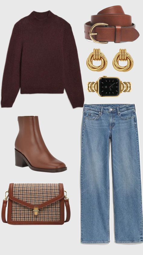 burgundy sweater + chocolate brown accessories Burgundy Sweater Outfit, Sweater And Jeans Outfit, Comfy Jeans Outfit, Wardrobe Challenge, Winter Sweater Outfits, Burgundy Outfit, Jacket Outfit Women, Casual Work Outfits Women, Sweater Outfits Fall