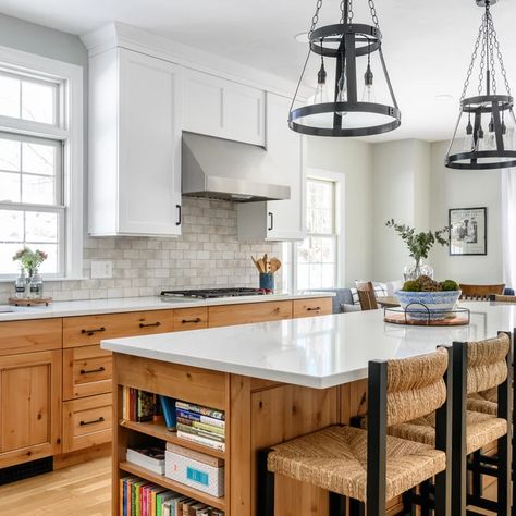 Kitchen Wood Lower White Upper - Photos & Ideas | Houzz Wood Lower Cabinets, Alder Wood Cabinets, Natural Wood Kitchen Cabinets, White Upper Cabinets, Lower Cabinets, Natural Wood Kitchen, Appliances Kitchen, Kitchen Decor Ideas, Popular Kitchens