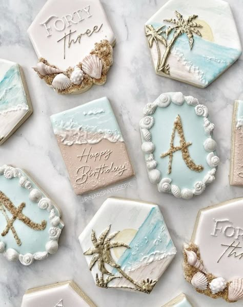 Cookies Beach Theme, Beach Birthday Cookies Decorated, Elegant Ocean Theme Party, Beach Wedding Cookies Decorated, Beach Decorated Cookies, Beach Birthday Cookies, Beach Themed Desserts, Beach Cookies Decorated, Beach Wedding Cookies