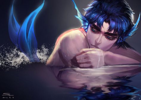 Sea Man, Mermaid Boy, Male Mermaid, Blue Eyes Blue Hair, Mermaid Man, Monster Boy, Jonathan Joestar, Mermaid Pictures, Eyes Blue