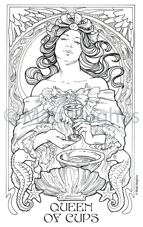 Ethereal Visions Tarot Coloring Book - Art Nouveau by Matt Hughes — Kickstarter Ethereal Visions Tarot, Tarot Printable, Queen Of Cups, Fleurs Art Nouveau, Alphonse Mucha Art, Mucha Art, Art Nouveau Illustration, Desain Editorial, 카드 디자인