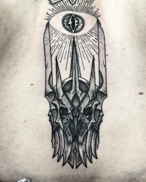 Who else has a Lord of the Rings tattoo? If you need inspiration, check out this blackwork Sauron piece from Kris Matthews!  Created using #magnumtattoosupplies ❤️  #tattoo #tattooartist #tattoos #tattooart #blackwork #blackworktattoo #lordoftheringstattoo #lotr #lotrtattoo #lotrart Mouth Of Sauron Tattoo, Mordor Tattoo, Eye Of Sauron Tattoo, Nazgul Tattoo, Sauron Tattoo, Balrog Of Morgoth, Lotr Tattoo, Rings Tattoo, Lord Of The Rings Tattoo