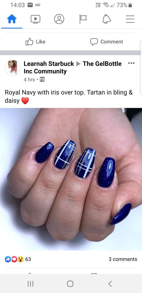 Scottish Flag Nails, Navy Blue Plaid Nails, Blue Tartan Nails, November Blue Nails, Navy Plaid Nails, Blue Plaid Nail Designs, Navy Blue Holiday Nails, Blue Plaid Nails, Mani Designs