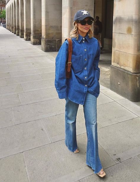 Denim On Denim Is Trending For Spring: Here's 8 Ways To Wear It Denim In Denim Outfits, Denim Top And Jeans Outfit, All Denim Look, Denim Work Outfits Women, Denim Button Up Shirt Outfit, Monochromatic Blue Outfit, Denim Shirt Outfit Women, Denim 2024, All Denim Outfits