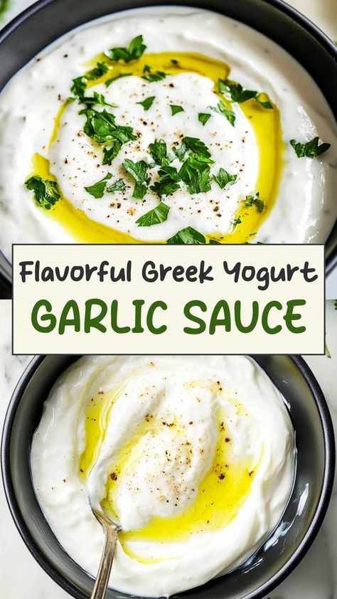 Indulge in the goodness of Greek yogurt garlic sauce with this mouthwatering recipe! Creamy, tangy, and oh-so versatile, this sauce takes your dishes to a whole new level. Whether you're dipping veggies, drizzling over grilled meats, or using as a marinade, the combination of tangy yogurt and savory garlic is sure to delight your taste buds. Plus, it's incredibly easy to make at home with just a few simple ingredients. Savory Yogurt Sauce, Plain Yogurt Sauce Recipes, Greek Yogurt Sauce For Salmon, Greek Yogurt Chicken Sauce, Sauces Made With Greek Yogurt, Sauce Using Greek Yogurt, Sauces With Greek Yogurt, Greek Sauce Recipes, Greek Garlic Sauce