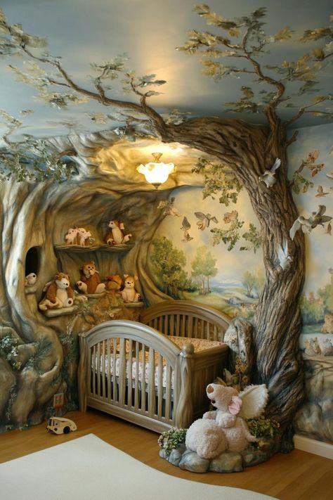 Stunningly unique detailed nursery interior in woodland creatures theme. Discover how to transform a nursery room into a whimsical wonderland that blends comfort, creativity, and practicality. Fairycore Nursery, Dream Nursery Theme, Storybook Nursery Theme, Nursery Forest Theme, Rustic Nursery Ideas, Whimsical Baby Nursery, Woodland Floral Nursery, Nursery Room Design Ideas, Enchanted Forest Nursery Theme