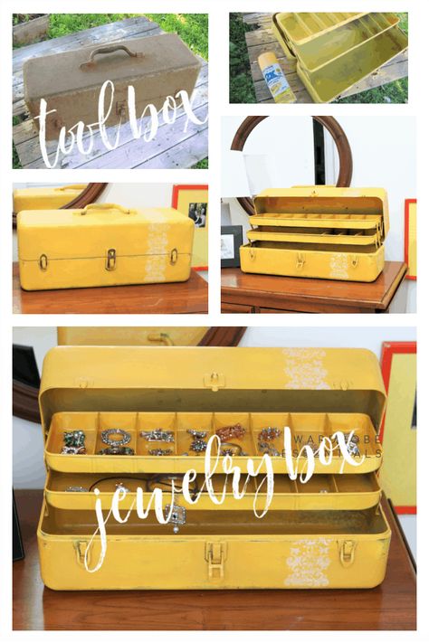 repurposed tool box into jewelry box (2) Diy Small Projects, Toolbox Ideas, Rocking Chair Makeover, Old Tool Boxes, Repurposed Metal, Recycled Diy, Box Makeover, Metal Tool Box, Wood Workshop