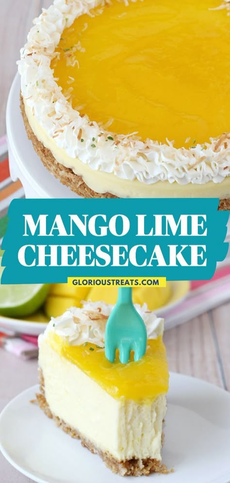 Here's an easy dessert to impress you can prepare in advance! This Mango Lime Cheesecake is a sweet treat that's rich, creamy, and delicious. It's bursting with tropical flavors! Add this to your Spring desserts or Easter desserts! Sunflower Cheesecake, Spring Cheesecake Recipes, Easter Cheesecake Ideas, Spring Dessert Ideas Easy, Cheesecake Recipes Fruit, Summer Cheesecake Flavors, Spring Cheesecake Flavors, Fun Cheesecake Flavors, Florida Desserts