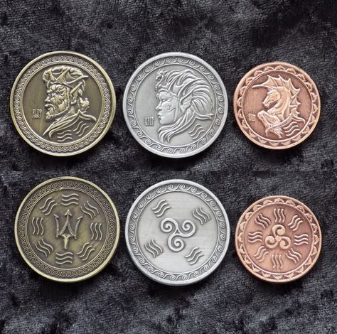 Board Game Coins .  #Fantasy #rpg #dungeonsanddragons  #Larp #boardgames #antique #tabletop Fantasy Treasure, Fantasy Coins, Catan Board, Coin Games, Currency Design, Event Props, Coin Art, New Technology Gadgets, Coin Design