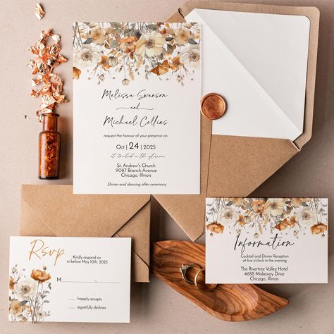 Announcing our Fall Wildflower Wedding Invitation Suite, now available for you to customize! With its stunning fall floral design, this invitation will surely capture the essence of your special day. Whether you're hosting a lavish affair or an intimate gathering, our editable invitation will help you set the tone for an unforgettable celebration. Don't miss the chance to make your day a truly memorable event. Purchase, edit, and text within minutes! You do the editing online using phone, tablet Orchard Wedding Invitations, Autumn Wildflower Wedding, Autumn Wedding Aesthetic, Fall Wildflower Wedding, Wedding Invitations Autumn, Autumn Wedding Invitations, Wedding Invitations Fall, Fall Wedding Invitation Suite, Fall Wedding Stationery