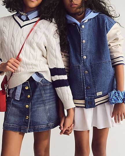 Denim Varsity Jacket, Tennis Sweater, Corduroy Pinafore Dress, Spring Lookbook, Studio Photos, Jumpsuit And Blazer, Kids Denim, Swimwear Dress, Boys Sweaters