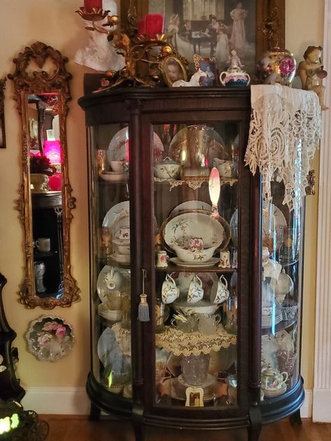 Victorian Curio Cabinet, Country Victorian Decor, Witchy China Hutch, 1920s China Cabinet, Maximalist Bohemian, Cottagecore China Cabinet, Farmhouse Rental, Antique 1930s Coop Oak Glass Cabinets Display Living Room, Country Victorian