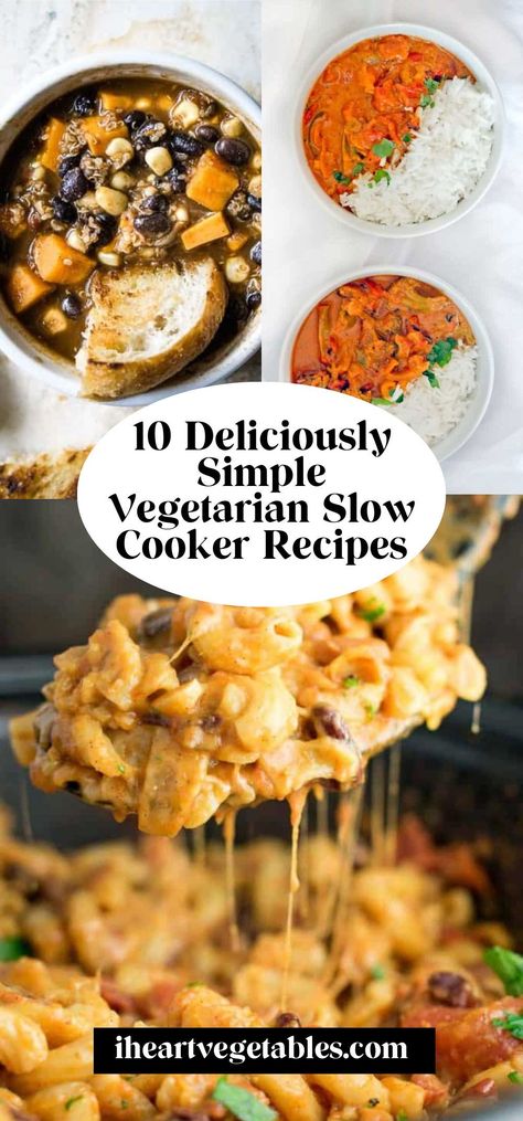 Looking for vegetarian slow cooker recipes? Try one of these delicious meatless recipes! These are easy, delicious, and perfect for a healthy dinner in no time! Vegetarian Stew Crockpot, Meatless Slow Cooker Recipes, Vegetarian Slow Cooker Recipes Easy, Easy Vegetarian Crockpot Recipes, Healthy Vegetarian Crockpot Recipes, Vegetable Slow Cooker, Slow Cooker Healthy, Simple Vegetarian Recipes, Vegetarian Slow Cooker