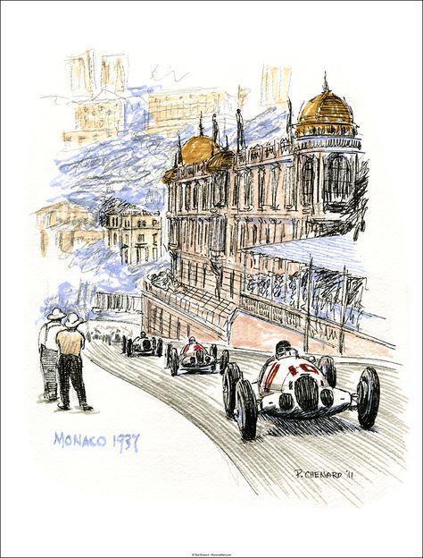 1937 Grand Prix de Monaco 11"x 14.5" © Paul Chenard Grand Prix Monaco, Race Car Art, Formula 1 Gp, Graham Hill, Motor Art, Prismacolor Markers, Motorsport Art, Car Prints, Tri Star