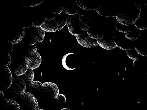 Black and white crescent moon, stars and clouds illustration on scratchboard. Secret Midnight Press Moon Drawing On Black Paper, Moon And Clouds Illustration, Woodcut Clouds, Crystals Quotes, Scratchboard Illustration Vintage, Midnight Sky Illustration, Clouds Illustration, Night Sky Moon, Lunar Moon