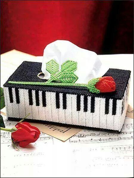 Piano Kleenex box Diy Tissue Box Cover, Pola Macrame, Kleenex Box Cover, Plastic Canvas Stitches, Kleenex Box, Plastic Mesh, Plastic Canvas Tissue Boxes, Plastic Canvas Patterns Free, Box Patterns