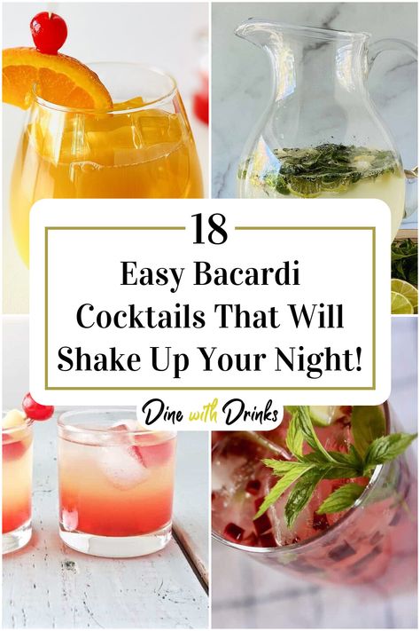 Collage of 4 easy bacardi cocktails. Bacardi Cocktails Easy, Bacardi Shots Recipes, Mixed Drinks With Bacardi, Cocktails With Bacardi Rum, Bacardi Rum Drinks Recipes, Bacardi Drinks Recipes Easy, Bacardi Limon Drinks Cocktail Recipes, Bacardi Cocktails Recipes, Bacardi Drinks Recipes