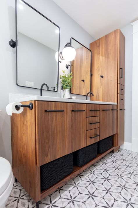 Custom Walnut Vanity Bathroom Ideas | Showplace Cabinetry Walnut Vanity Bathroom Ideas, Walnut Bathroom Cabinets, Walnut Vanity Bathroom, Vanity Bathroom Ideas, Walnut Bathroom Vanity, L Shaped Bathroom, Walnut Bathroom, Kitchen Visualizer, Walnut Vanity