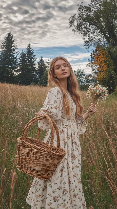 Embrace the Taurus cottage core vibe with a floral prairie dress and wicker basket, set against an idyllic countryside backdrop for a touch of romantic rural charm. Cottage Core Summer, Idyllic Countryside, Zodiac Fashion, Romantic Cottage, Women Aesthetic, Basket Set, Prairie Style, Prairie Dress, Wicker Basket