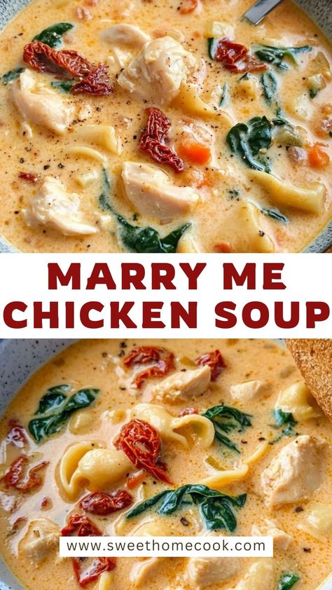 Try this creamy Marry Me chicken soup, Tuscan-style! A flavorful and comforting recipe, perfect for dinner ideas or easy meal prep. Packed with tender chicken, garlic, spinach, and a rich broth, this soup is a cozy choice for any meal. Soup Tuscan, Chicken Recipes Ideas, Comforting Food, Chicken Garlic, Garlic Spinach, Delicious Chicken Recipes, Chicken Soup Recipe, Marry Me Chicken, Classic Breakfast