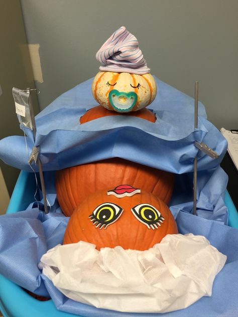 L&D c-section pumpkin we did for our hospital pumpkin decorating contest!! Nurse Themed Pumpkin Decorating, Ob Pumpkin Ideas, Healthcare Pumpkin Contest, Pumpkin Contest Ideas No Carve Hospital, Pumpkin Decorating Healthcare, Dermatology Pumpkin Decorating, Nurse Pumpkin Decorating Contest, Doctor Pumpkin Decorating, Obgyn Pumpkin Decorating