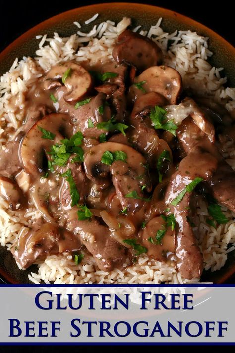 A serving of gluten free beef stroganoff over a bed of rice. Gf Beef Stroganoff, Beef Stroganoff Gluten Free, Gluten Free Beef Stroganoff, Beef And Mushroom Recipe, Coeliac Recipes, Ground Venison Recipes, Best Beef Stroganoff, Real Food Dinner, Beef Stroganoff Recipe