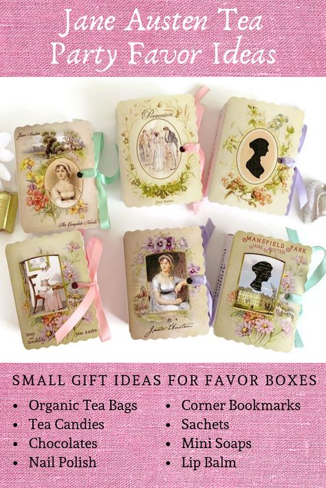 Small Gift Ideas for Jane Austen Favor Boxes Jane Austin Wedding Theme, Jane Austen Crafts, Jane Austen Tea Party Ideas, Jane Austen Birthday Party, Jane Austen Bridal Shower Ideas, Jane Austen Themed Party, Bridgerton Gift Ideas, Jane Austen Party Ideas, Pride And Prejudice Bridal Shower Theme