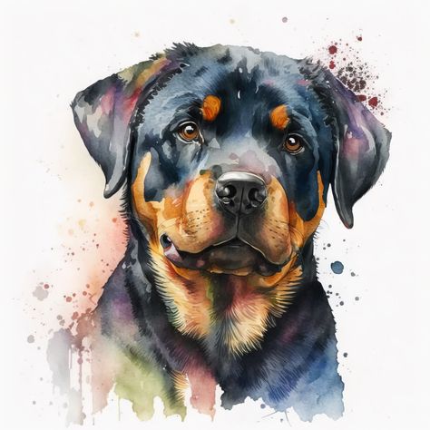 Dog Digital Art, Rottweiler Art, Dog Smiling, Dog Watercolor, Dog Clipart, Portrait Watercolor, Watercolor Pet Portraits, Craft Card, Art Watercolor Painting