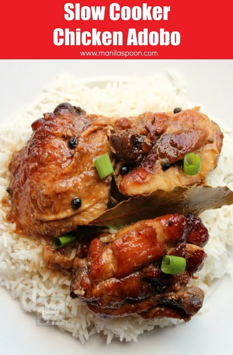 Chicken slowly braised in vinegar, soy sauce, garlic and bay leaves until fall-off-the-bone tender and DELICIOUS. This classic dish can be made a day ahead and tastes even better the next day! Slow Cooker Chicken Adobo | manilaspoon.com Nanas Recipes, Soy Sauce Garlic, Chicken Adobo, Side Dishes For Chicken, Easy Slow Cooker Chicken, Adobo Chicken, Filipino Food, Bay Leaves, Classic Dishes