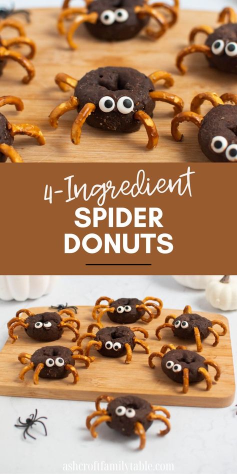 Mini chocolate-covered spider donuts Halloween dessert and treat. Halloween Treats Spiders, Halloween Sweet Treats For Kids School, Pretzel Halloween Ideas, Donut Spiders Halloween Foods, Halloween Snack School, Salty Halloween Snacks For School, Halloween Food Ideas For School Party, Mini Donut Halloween Treats, Donut Monsters For Halloween