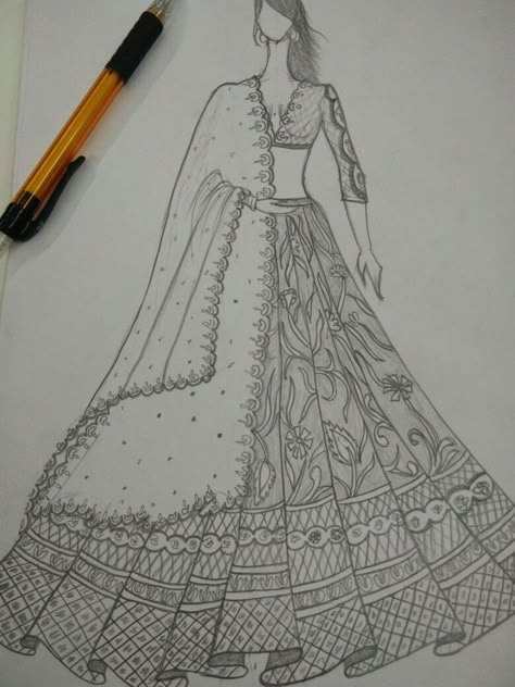 Bridal Lehenga Sketch Drawing, Lehenga Designs Sketches, Lehnga Illustration Sketch, Lehenga Drawing Sketches, Bride Fashion Illustration, Accessories Design Sketch, Fashion Illustration Face, Fashion Illustration Poses, Fashion Illustration Tutorial