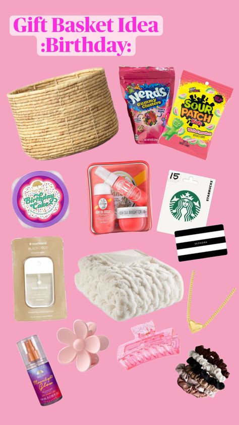 #aesthetic #skincare #outfit #vibes #beauty #fyp #giftbasket #birthday Random Birthday Gifts, Birthday Basket Ideas, Dream Birthday, Bday Gifts, Birthday Basket, Sephora Skin Care, Aesthetic Skincare, Chewy Candy, Sour Patch Kids