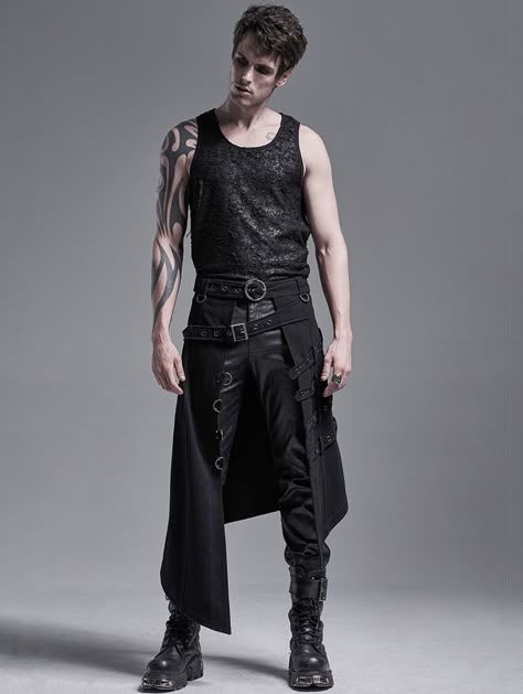 Black Gothic Punk Heavy Metal Irregular Skirt for Men #gothicskirtformen #gothicclothingformen #punkrave #punkmen #heavymetal #gothicpunk Punk Outfits For Men, Heavy Metal Aesthetic Outfits Men, Black Metal Clothing, Heavy Metal Fashion Mens, Metal Rock Outfit, Fantasy Punk Fashion, Modern Punk Fashion Male, Gothic Men Aesthetic, Heavy Metal Outfit Men